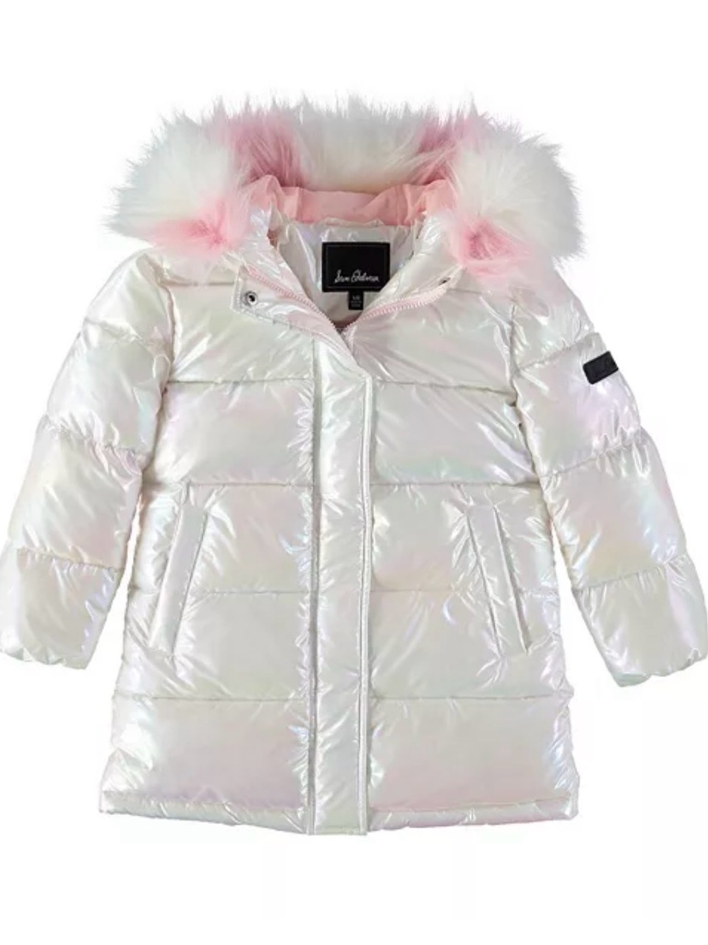 Sam Edelman Iridescent White Puffer Coat with Pink Faux-Fur Hood Sz 4T